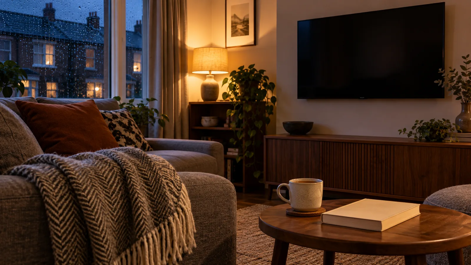 A cosy British living room with a switched-off TV, a mug of tea and a book on the side table