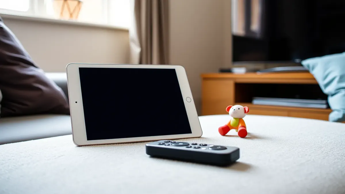 A tablet rests face-down beside a remote and a small toy on a sofa cushion, with a dark television in the background.