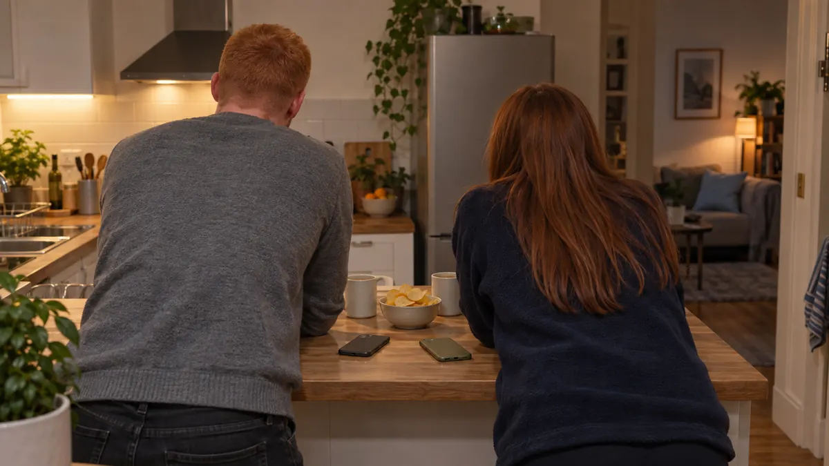 Two people at a kitchen counter talking over their options, phones face down.