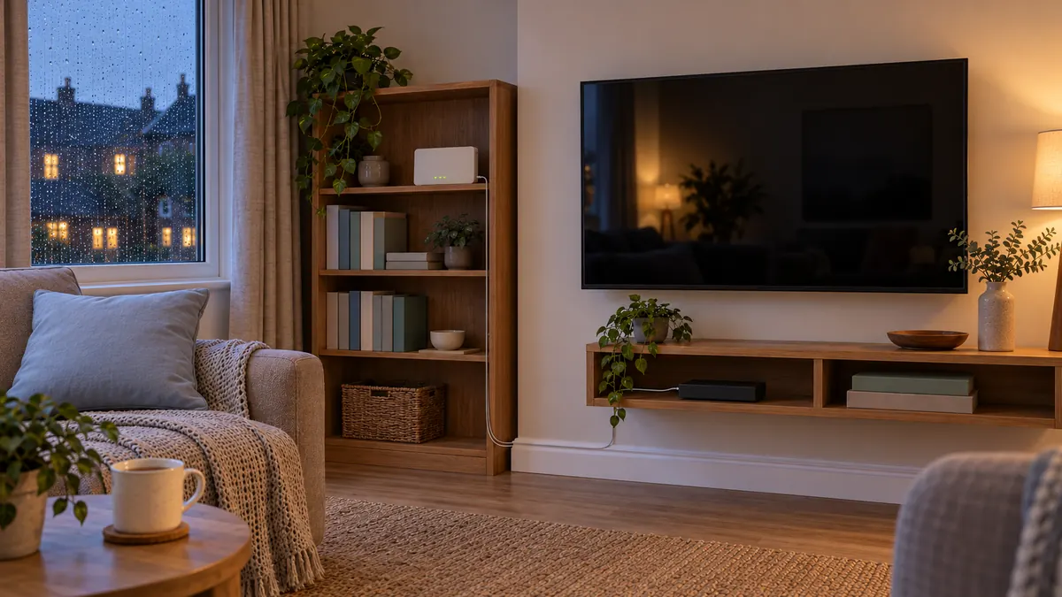 A broadband router and a cable running to a small streaming box beneath a switched-off television.
