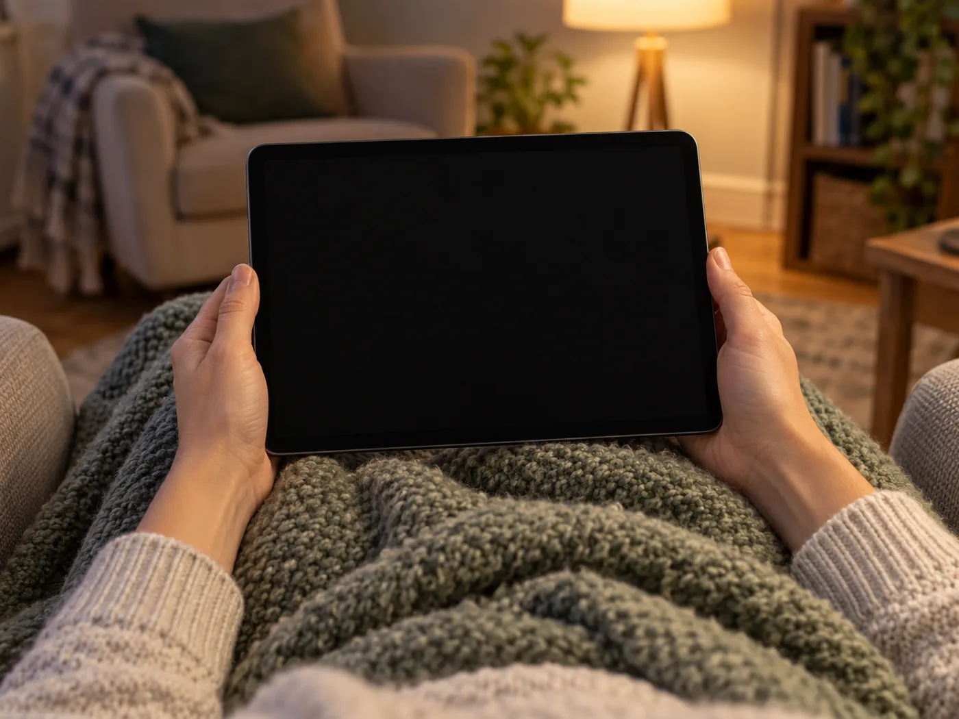 Hands holding a tablet on a lap under a knitted blanket.